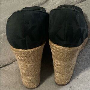 Michael Kors Black and Natural Monogram Espadrille Wedge Heels